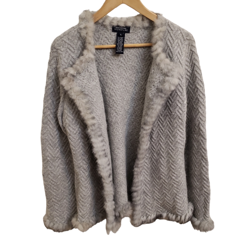 Gray Wool Blend Open Front Cardigan Knit Sweater With Angora Trim, Size L